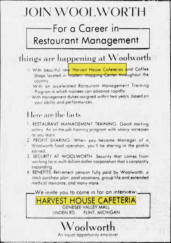 Harvest House Cafeteria - May 27 1973 Article (newer photo)